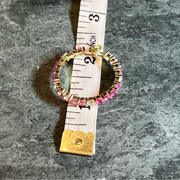 Hoop Earrings Gold Plated Adina Eden Jewels Pink Multi Colored Round Stone NWT - Picture 10 of 12